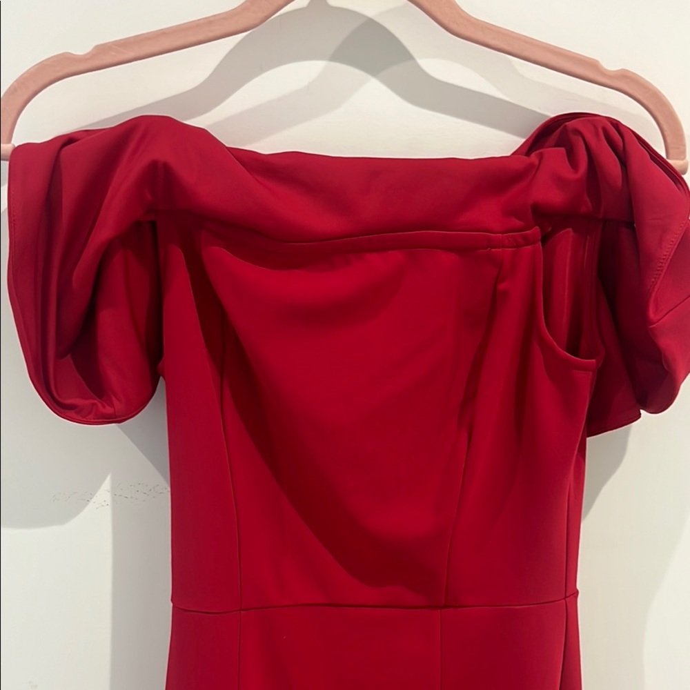 Red Ruffled Off-Shoulder Cocktail Dress - Picture 5 of 6